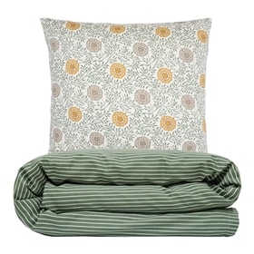 Sengetøj 140x220 cm - bomuldssatin dobbeltsidet - Blomst/Strib - grøn - Luna Denmark