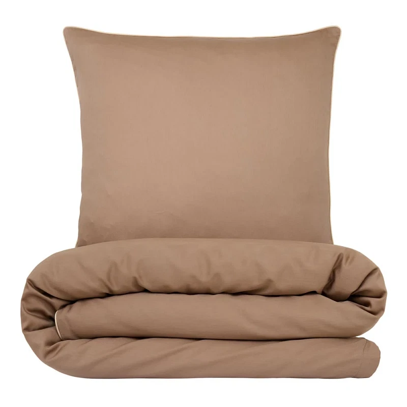 Sengetøj 140x220 cm - Bomuldssatin - Una - Taupe med beige piping - Luna Denmark