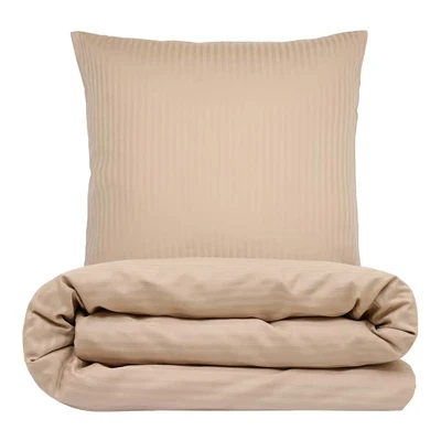 Sengetøj 140x220 cm - bomuldssatin - Smal stribet - lys brun - Prima