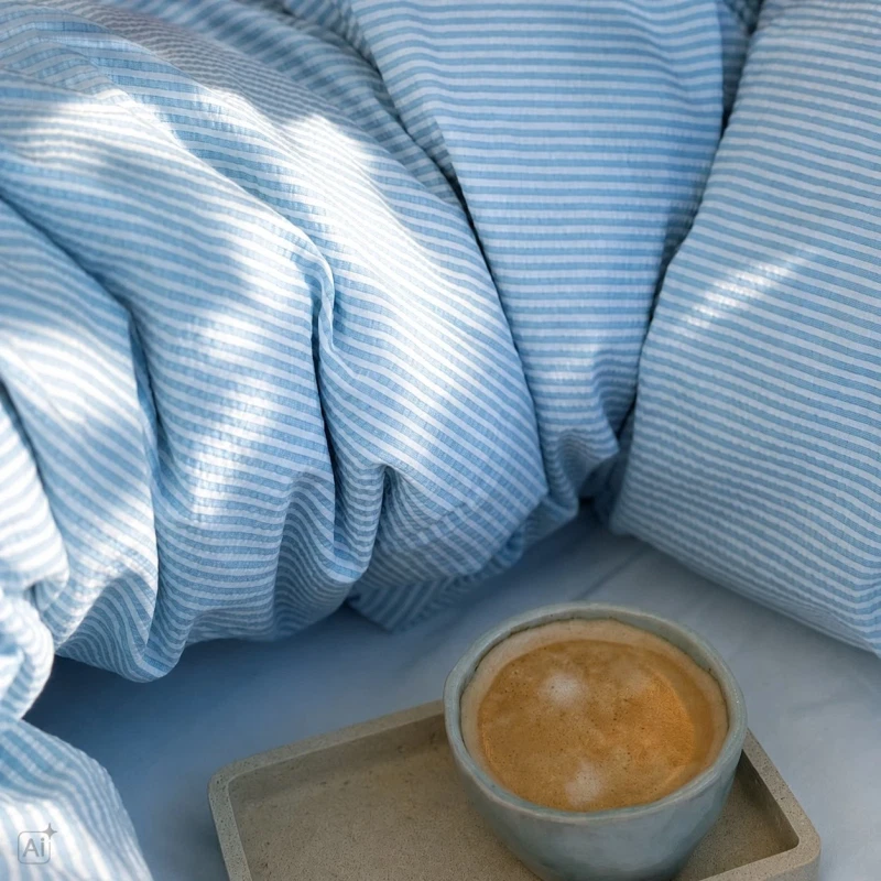 bæk og bølge sengetøj på dyne med kaffe sollys