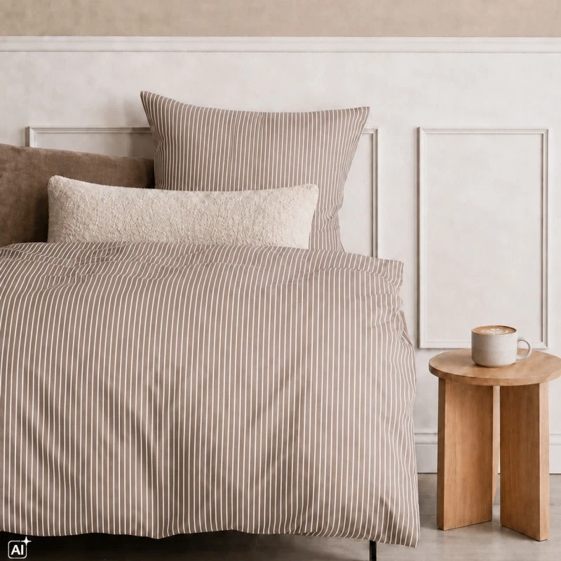 blokhus 240x220 sengetøj taupe på redt send med kaffe