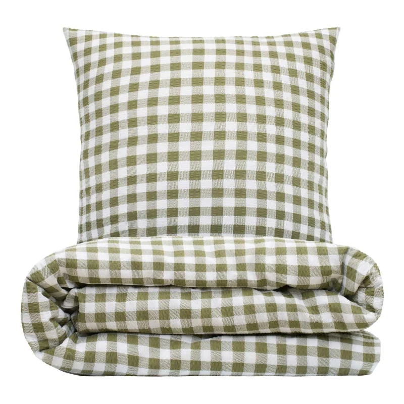 Sengetøj 140x220 cm - bæk og bølge - Check - Oliven grøn - Luna Denmark